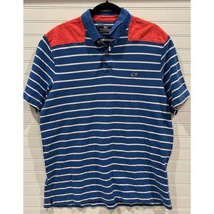 Vineyard Vines Striped Polo Shirt Red Blue Nautical Casual Cotton Men's Large‎